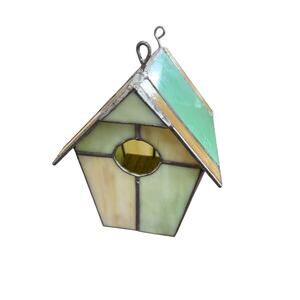Hanging Bird House Stained Glass Tiffany Style Beautiful Handmade Yellow Green